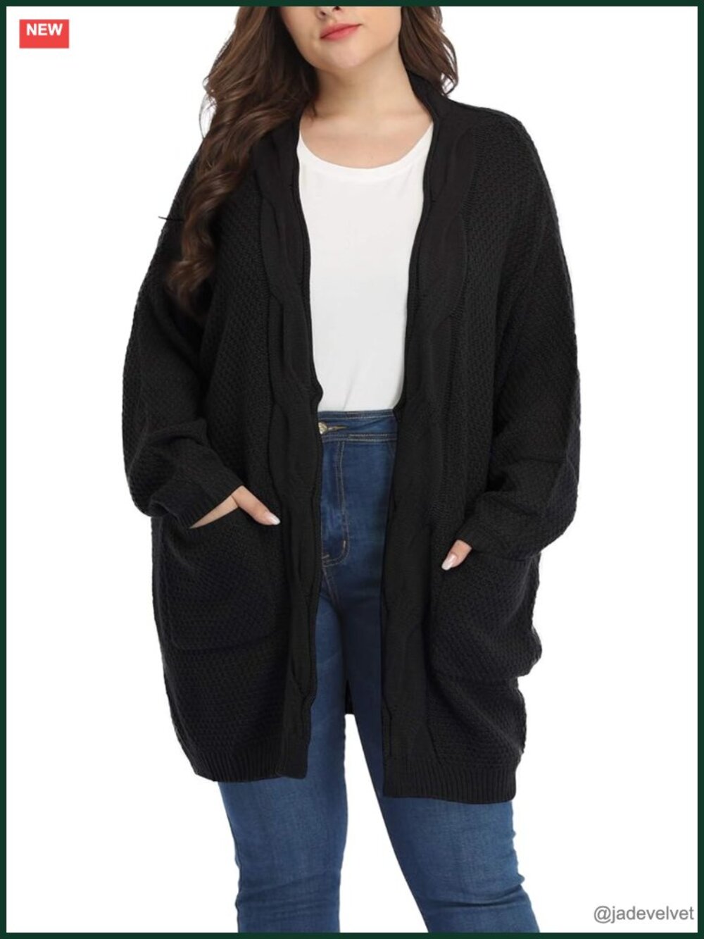 Oversized Long Plus Size Cardigan with Cable Knit Patch Pockets